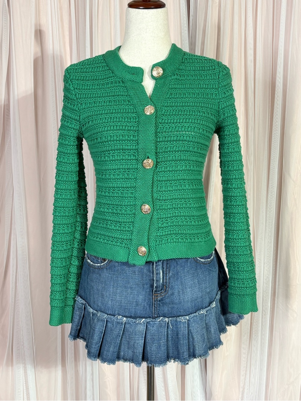 LOFT Petites Emerald Green Textured Knit Gold Button Cardigan Sweater